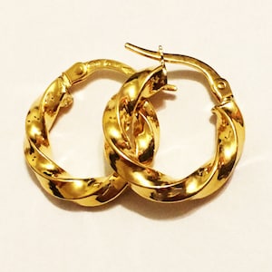 18k solid yellow gold(15mm diameter)swirly hoop earrings, thick classic stylish trendy solid gold hoop earrings, fine jewelry gift for women
