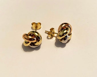 14k solid rose,yellow&white gold(13mm diameter)love knot stud earrings, fancy trendy stud earrings, large stud earrings, push back studs