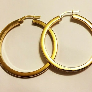 10k solid yellow/white gold(1.50&quot;inch)square cut hoop earrings, large stylish fashion statement classic solid gold hoop earrings for women