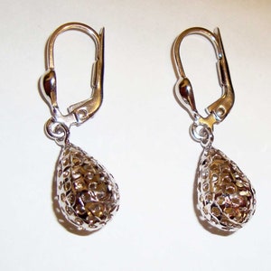 10k solid white gold(1"inch length)3D filigree tear drop dangling earrings/fashion statement lever-back solid gold women dangling earrings
