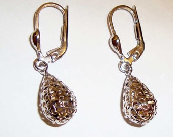 10k solid white gold(1"inch length)3D filigree tear drop dangling earrings/fashion statement lever-back solid gold women dangling earrings
