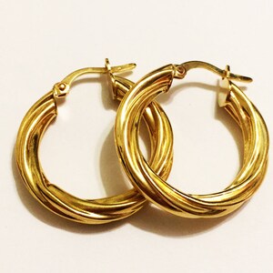 10k solid yellow gold(1”inch diameter/4mm thick)swirly hoop earrings,trendy fashion statement thick large solid gold hoop earrings for women