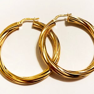 18k solid yellow gold(1.5&quot;inch/4mm thick)swirly hoop earrings, classy thick stylish fashion statement large solid gold earrings for women