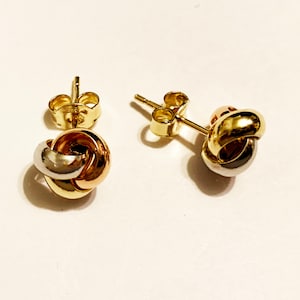 14k massief rosé-, geel- en witgoud (9 mm) liefdesknoopoorstekers, stijlvolle stijlvolle zeldzame grote mooie driekleurige massief gouden oorstekers voor vrouwen