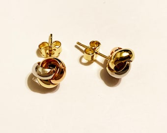 14k solid rose, yellow, white gold(9mm)love knot stud earrings, stylish rare large fancy three tone solid gold stud earrings for women
