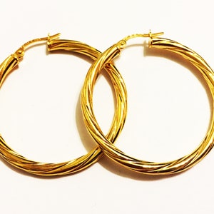 10k solid yellow gold(1.5&quot;inch diameter/3mm)thick swirly hoop earrings, stylish trendy classic large solid gold hoop earrings for women
