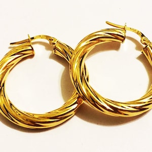 18k solid yellow gold(1”inch/4mm thick)swirly hoop earrings, large fashion statement thick classy stylish solid gold hoop earrings for women