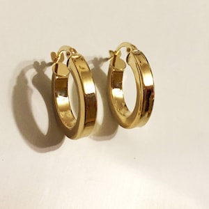 10k solid yellow/white gold(15mm)square cut hoop earrings, fancy full moon design stylish trendy classic solid gold hoop earrings for women