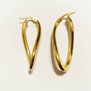 10k solid yellow gold(1.5&quot;inch length)oval twisted hoop earrings, thick smooth finishing stylish trendy solid gold hoop earrings for women