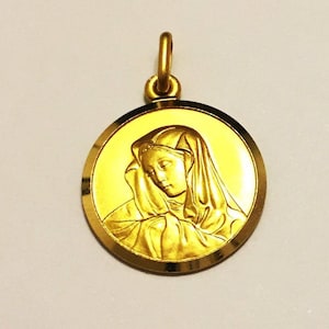 18k massives Gelbgold Jungfrau Maria (10 mm / 14 mm / 19 mm) klassisches Kunstwerk detailliert gravierter stilvoller Massivgoldanhänger für Männer und Frauen