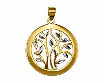 10k solid two tone gold(1"inch length)filigree tree of life pendant/20mm diameter/work of art fancy stylish trendy solid gold pendant