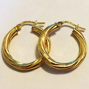 18k solid yellow/white gold(0.75&quot;inch)swirly hoop earrings,3mm thick, classic stylish trendy everyday solid gold hoop earrings for women