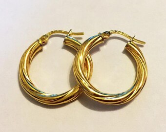 18k solid yellow/white gold(0.75"inch)swirly hoop earrings,3mm thick, classic stylish trendy everyday solid gold hoop earrings for women