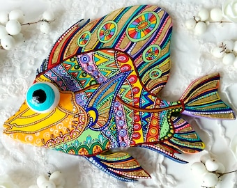 Fish wall handing in Mexican folk art style. Polymer clay fish wall art in Talavera pottery style.
