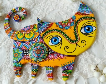 Polymer clay wall art in talavera pottery style. Cat hanging decoration in mexican folk art style. Cat loss gifts. Cat wall decor