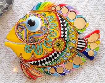 Handmade bathroom fish wall decor. Polymer clay fish wall art in Talavera style.