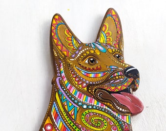 Bright wall art animal. Handmade german shepherd artwork. Dog Portrait wall sculpture. Dog wall handing.  Alebrije.