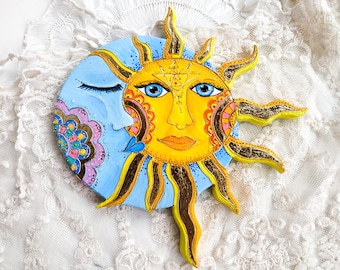 Sun and Moon wall art. Talavera pottery wall hanging in Mexico folk art style. Ethnic Dual Symbol house decoration. Polymer clay sculpture