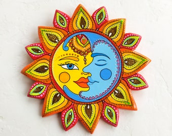 Moon phases wall hanging. Sun and Moon wall art. Mexico folk art style. Polymer clay sculpture