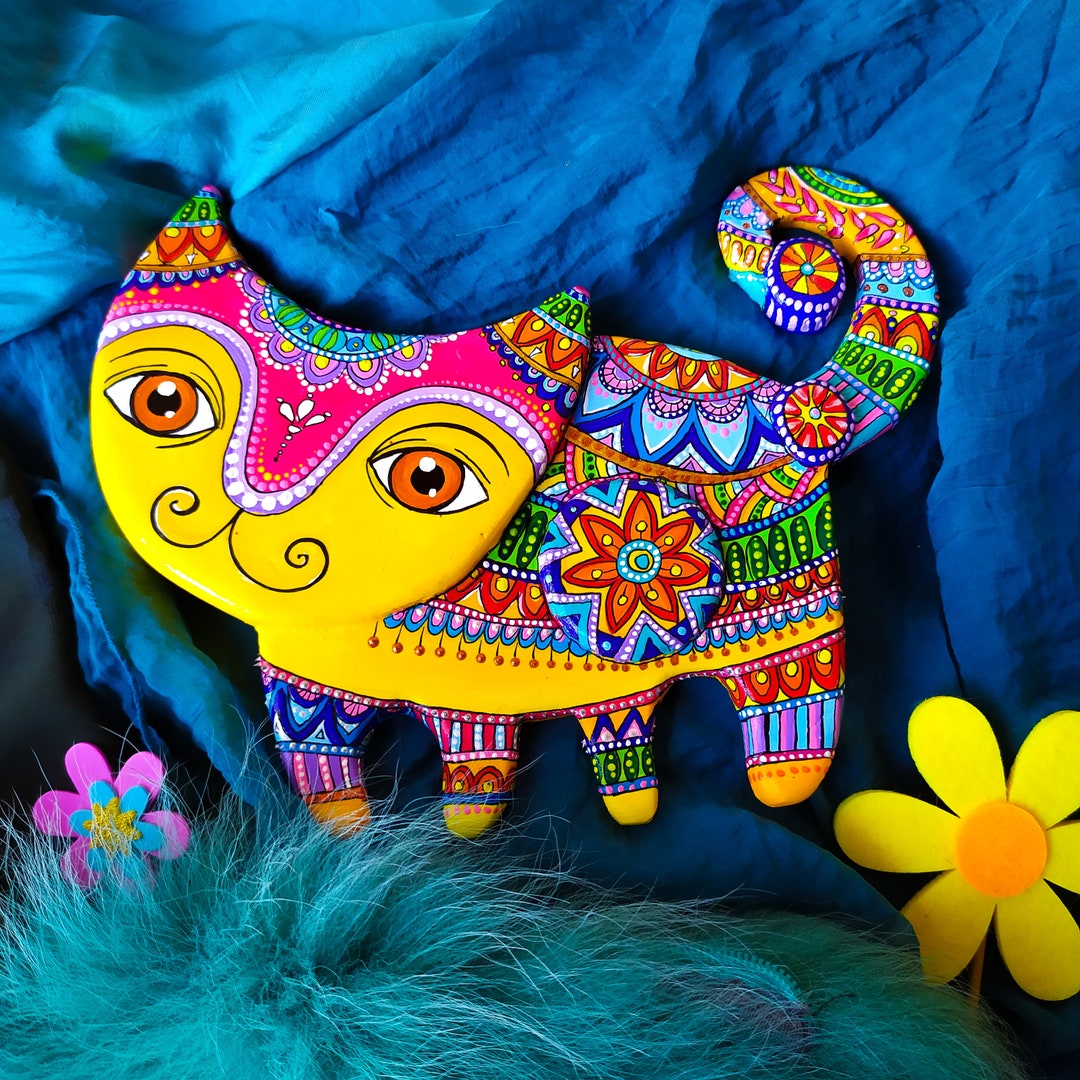 Bright Wall Art Animal. Handmade Cat Wall Hanging in Mexican Folk Art