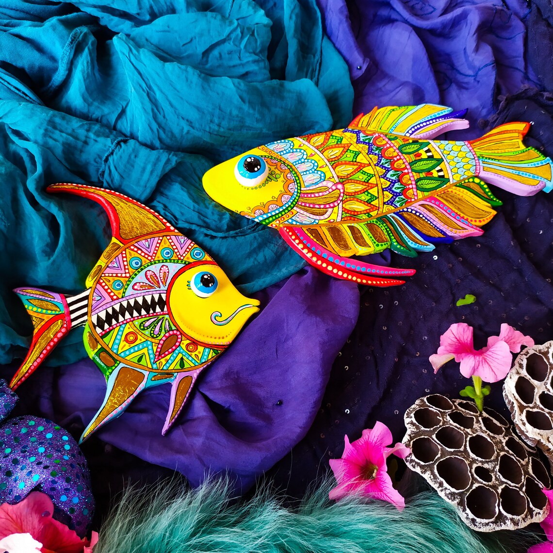 Handmade fish artwork. 2 Polymer clay fish wall sculpture in Etsy