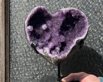 HUGE AMETHYST druzy heart / amethyst geode heart on stand / amethyst stalactite flowers / deep cave heart / amethyst statement crystal