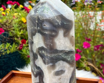 Giant Druzy Moss Agate Crystal Tower Obelisk (7lb) 10” tall