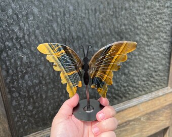 Blue and gold tigers eye butterfly - tigers eye crystal butterfly carving