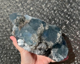 Huge blue fluorite specimen - blue fluorite with smoky quartz crystal flowers - 6lb Fujian fluorite Crystal - natural blue fluorite specimen