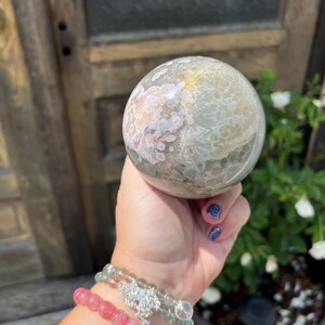 Green flower agate crystal sphere 89mm