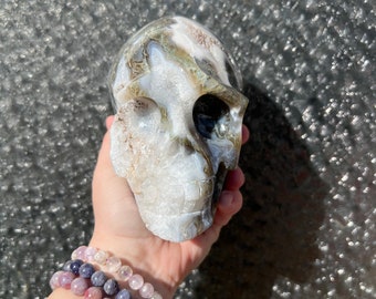 Huge moss agate crystal skull carving 4lbs