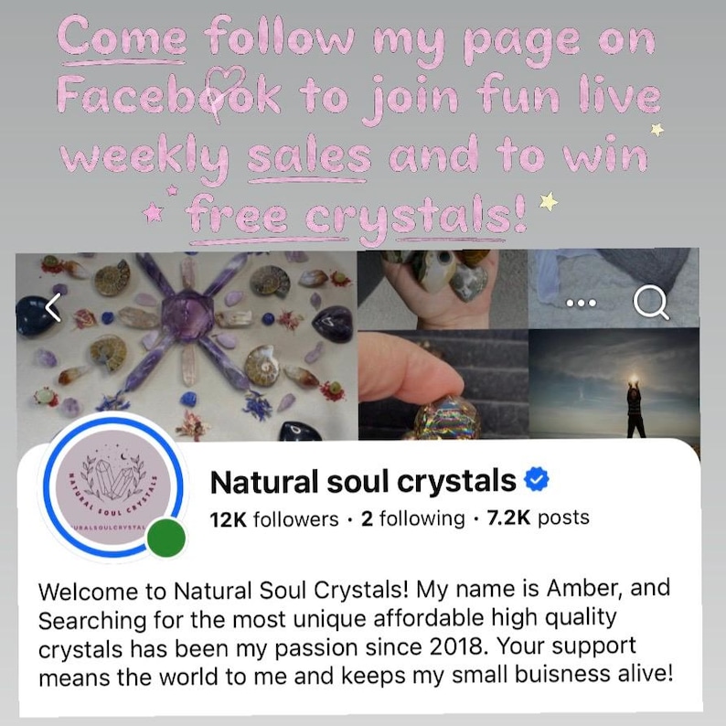 May include: An advertisement for Natural Soul Crystals on Facebook, with the text "Come follow my page on Facebook to join fun live weekly sales and to win free crystals!" The image includes a logo and various crystal images.