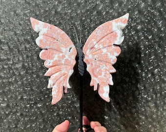 Pink agate crystal butterfly - druzy pink agate crystal - cotton candy agate carving - pink agate butterfly on stand