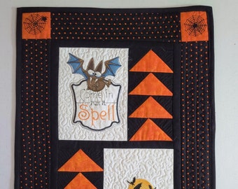 Quilted Halloween Wall Hanging: Embroidered Bats & Spiderwebs