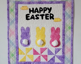 Tapiz de Pascua acolchado con conejitos – Decoración de primavera para el hogar – Edredón navideño en tonos pastel
