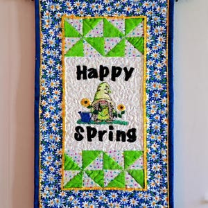 Quilted Spring Gnome Wall Hanging: Embroidered Patchwork Decor