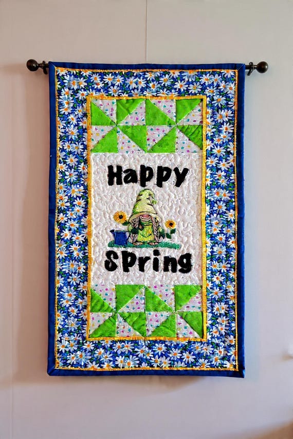 Quilted Spring Gnome Wall Hanging: Embroidered Patchwork Decor