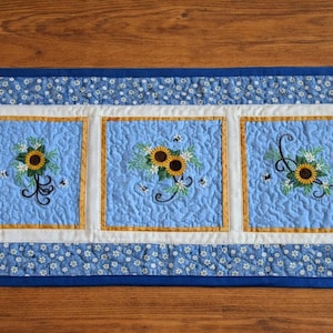 Sunflower Table Runner, 11 x 23 Inch, Blue Floral Quilted Table Topper
