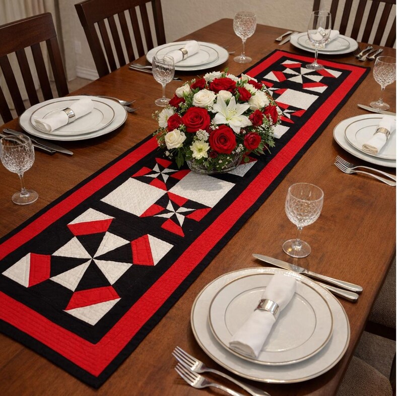 Red Patchwork Table Runner Red and Black Patchwork Table Runner: Geometric Cotton Dining Table ...