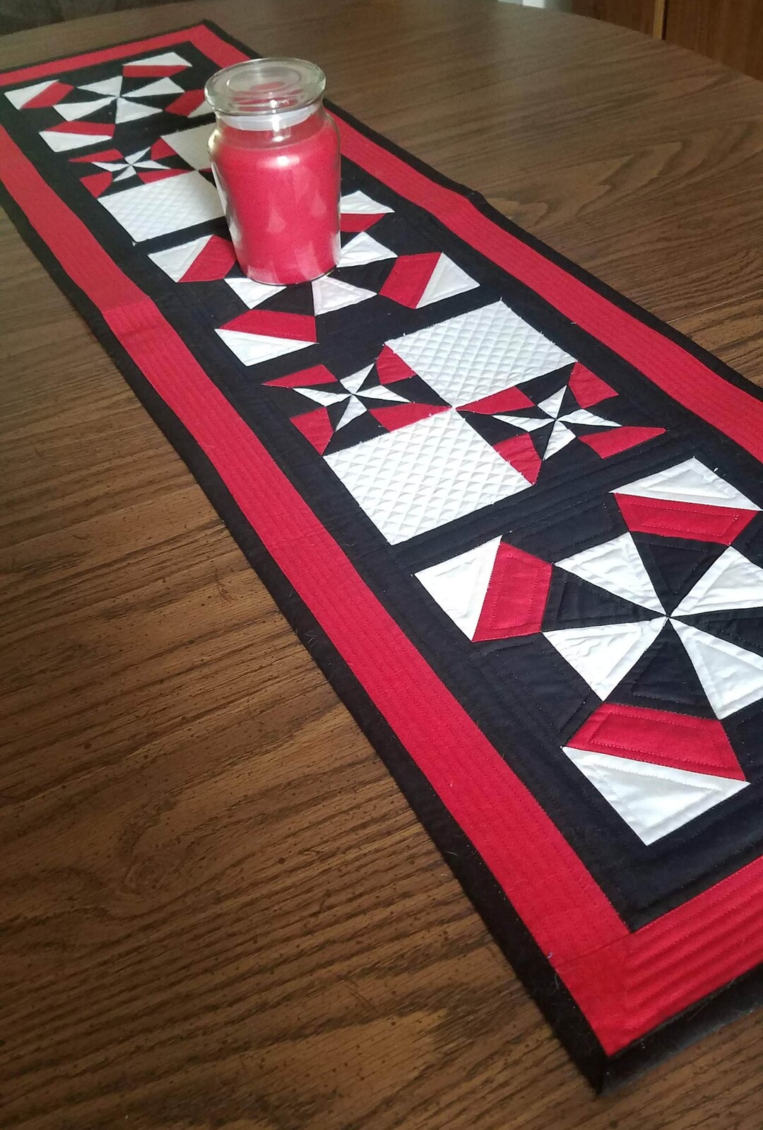 Red Patchwork Table Runner Red and Black Patchwork Table Runner: Geometric Cotton Dining Table ...