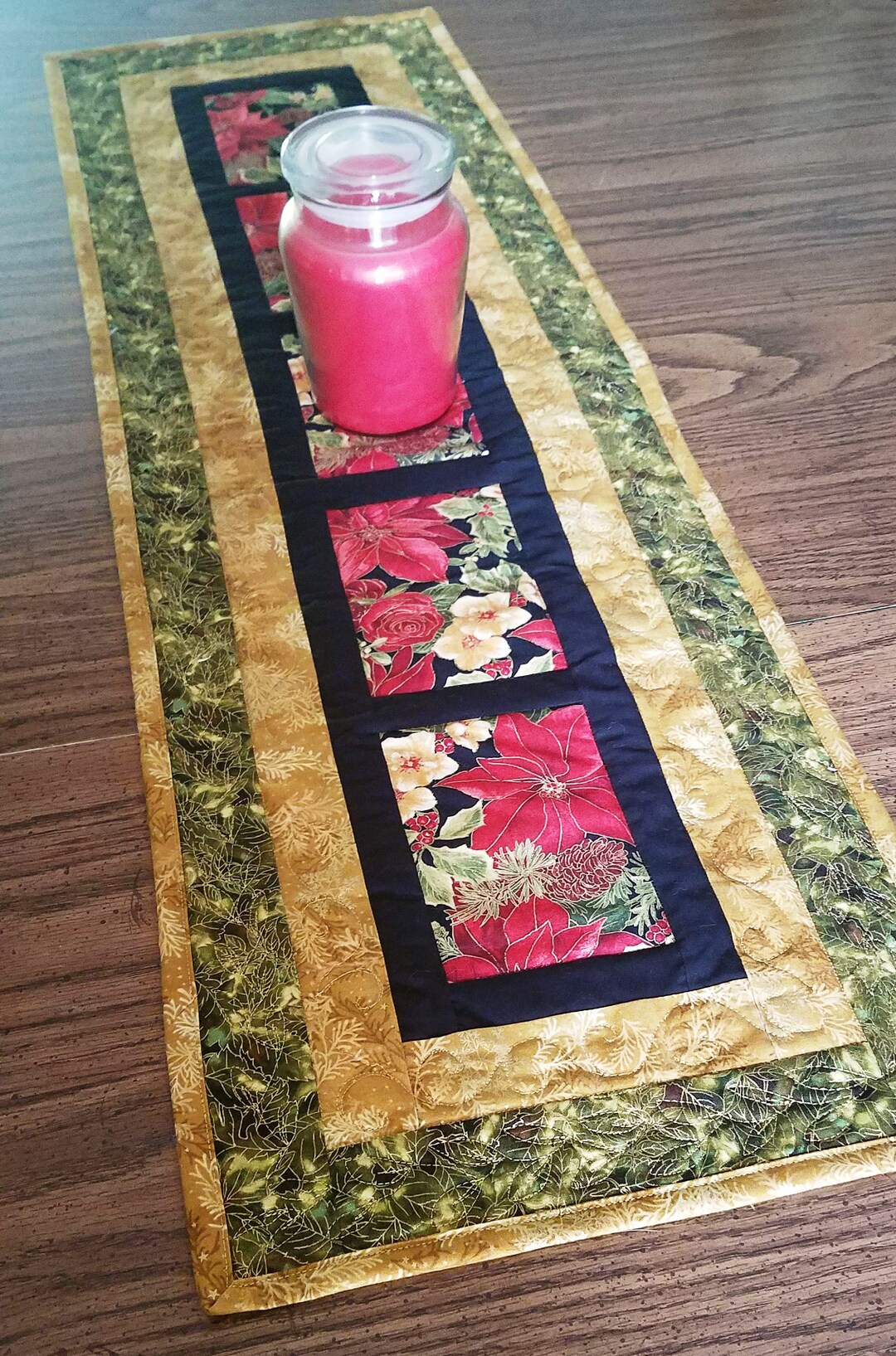 Christmas Table Runner, Poinsettia Table Runner, Dresser Scarf, Coffee