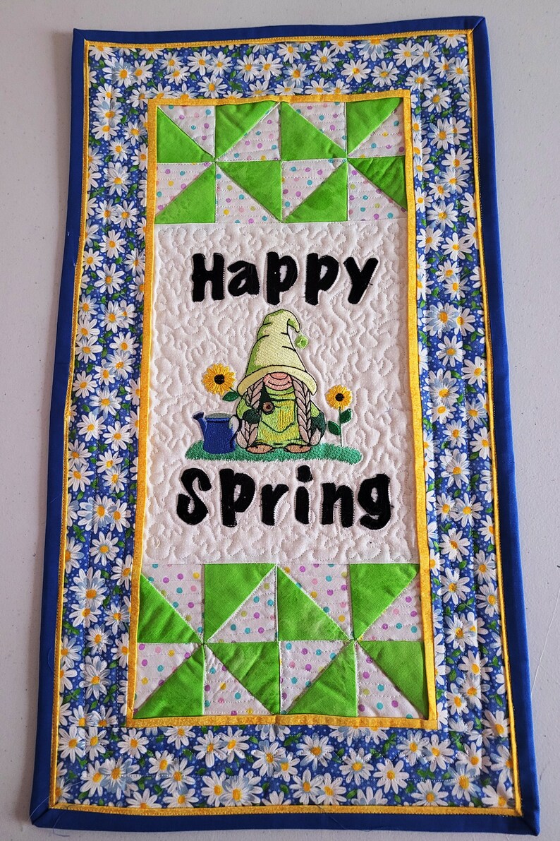Quilted Spring Gnome Wall Hanging: Embroidered Patchwork Decor image 2