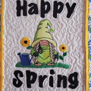 Quilted Spring Gnome Wall Hanging: Embroidered Patchwork Decor image 3