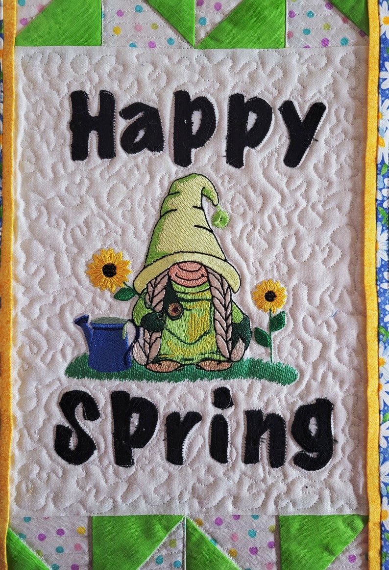 Quilted Spring Gnome Wall Hanging: Embroidered Patchwork Decor image 3