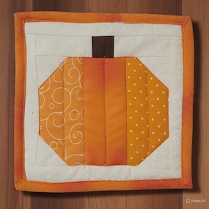 May include: A quilted pumpkin-shaped trivet with an orange and white border. The pumpkin is made of orange fabric with different patterns, including swirls and polka dots. A brown stem is at the top.