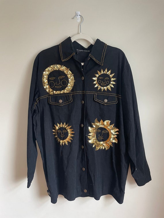 1990's | Beaded and Sequined Sun Denim Jacket (Bl… - image 1