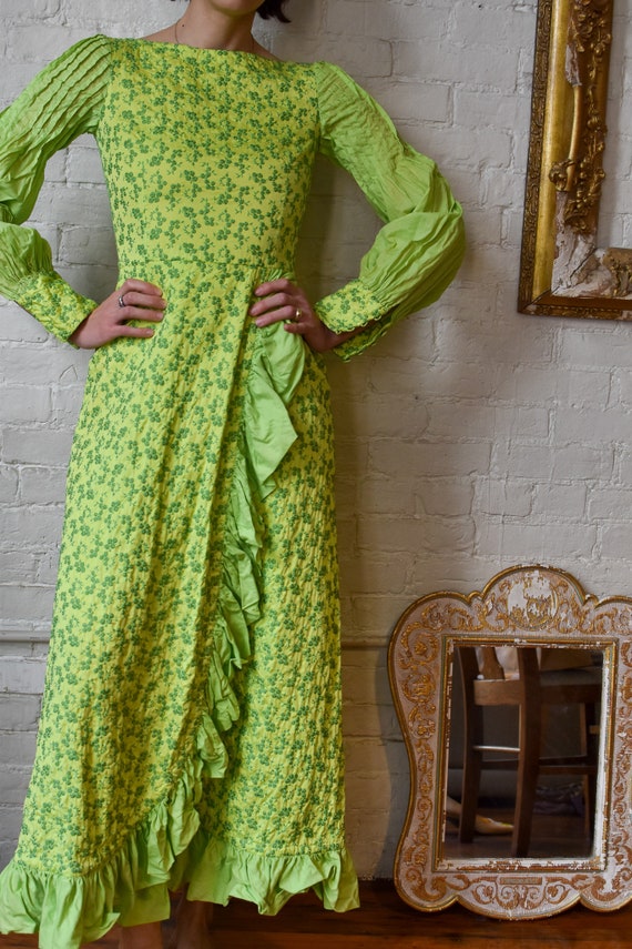 1970’s | Lime Green Floral Embroidered Prairie Dre