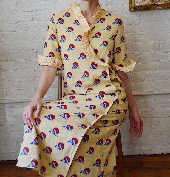 Vintage Wrap House Dress with Ruffled Sleeves and