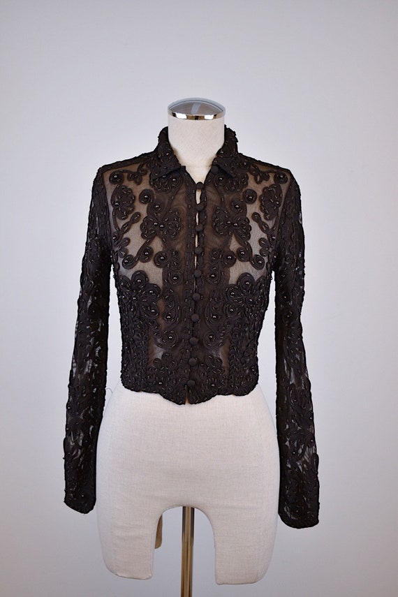 1990's Cache Mesh Beaded Top with Ribbon Detailing