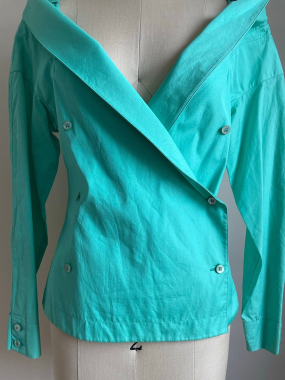 1990’s | Vintage Claude Montana | Turquoise Blouse - image 2